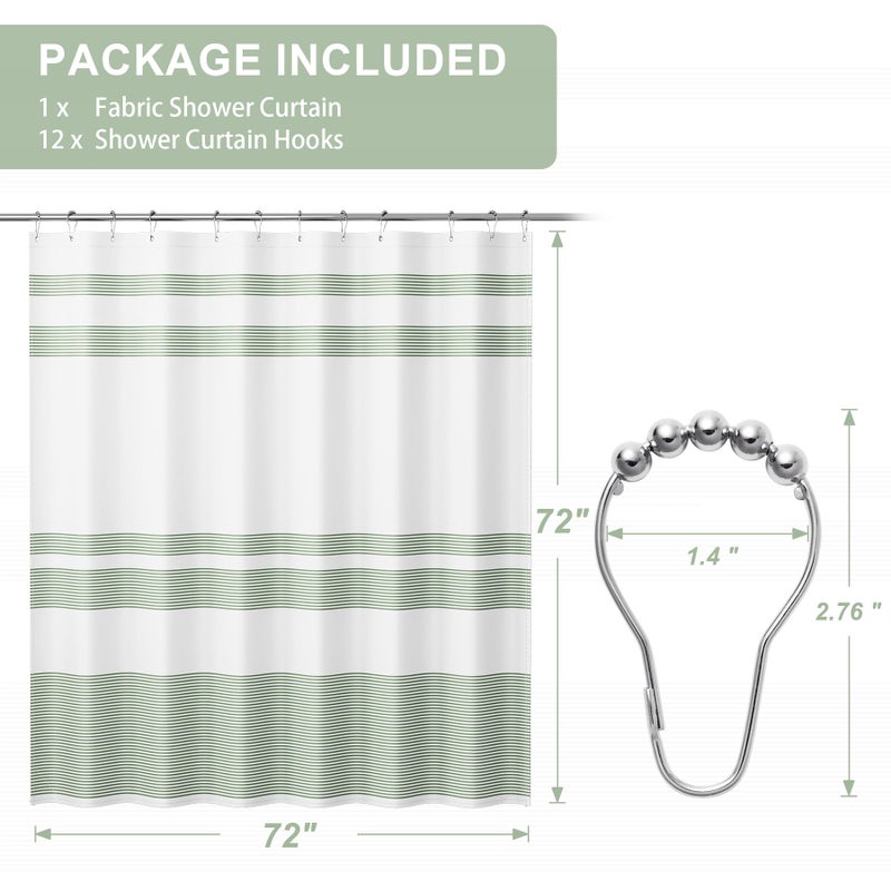 AmazerBath Shower Curtain, Washable Cloth Sage Green with 12 Shower Curtain Hooks, Fabric Green and White Striped Set, Farmhouse Bathroom Shower Curtain, 72x72 Inches - Image 2