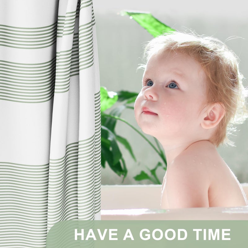 AmazerBath Shower Curtain, Washable Cloth Sage Green with 12 Shower Curtain Hooks, Fabric Green and White Striped Set, Farmhouse Bathroom Shower Curtain, 72x72 Inches - Image 3