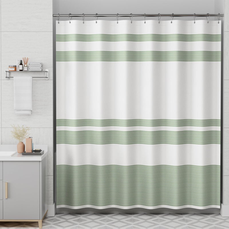 AmazerBath Shower Curtain, Washable Cloth Sage Green with 12 Shower Curtain Hooks, Fabric Green and White Striped Set, Farmhouse Bathroom Shower Curtain, 72x72 Inches - Image 1