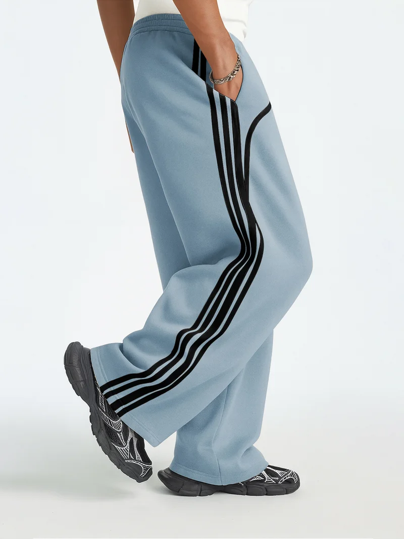 Maniac Maniac Mens Side Stripe Light Grey and Black Cotton Baggy Fit Trackpant