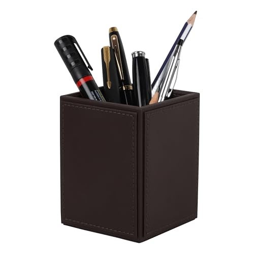 V-CUBE DESIGNS Premium Vegan Leather Pen Holder for Desk & Study Table Accessory | Marker/Pencil Stand for Student | Stationery Organizer for Office Table & Home | 6mm Thickness with MDF Core |Brown - Image 1