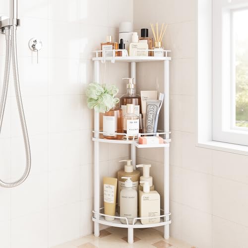 ELYKEN Corner Shower Caddy Standing, 3 Tier Rustproof Metal Shower Organizer with Soap Holder, Floor Shower Corner Shelf Rack Storage Stands with Adjustable Feet & 2 Hooks for Bathroom, White - Image 1