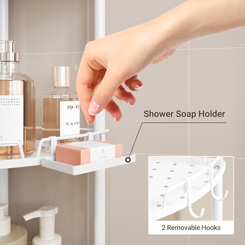 ELYKEN Corner Shower Caddy Standing, 3 Tier Rustproof Metal Shower Organizer with Soap Holder, Floor Shower Corner Shelf Rack Storage Stands with Adjustable Feet & 2 Hooks for Bathroom, White - Image 4