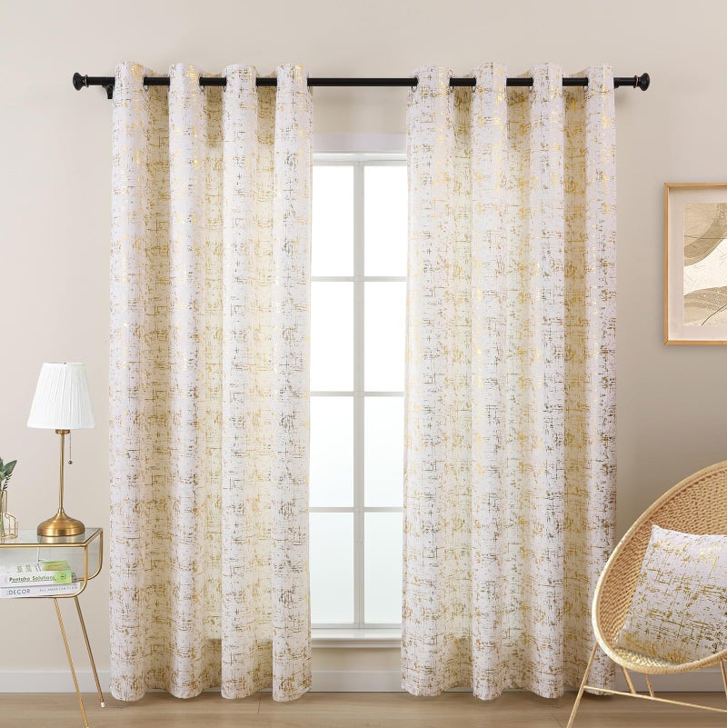 L.Z.E Cream Gold Velvet Curtains for Bedroom 84 Inches Long Light Filtering Privacy Curtains for Living Room Luxury & Soft Non-See-Through Drapes with Grommet Printed Gold Foil Pattern 2 Panels Set - Image 3