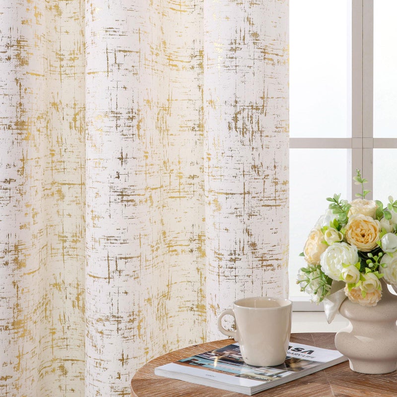 L.Z.E Cream Gold Velvet Curtains for Bedroom 84 Inches Long Light Filtering Privacy Curtains for Living Room Luxury & Soft Non-See-Through Drapes with Grommet Printed Gold Foil Pattern 2 Panels Set - Image 1
