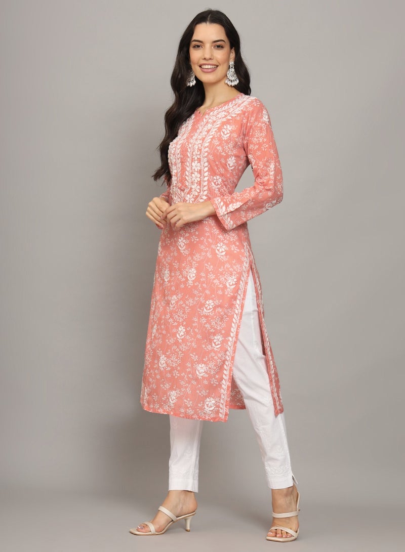 Alaya Women Hand Embroidered Chikankari Mulmul Cotton Printed Kurta-AL4041  - Image 3