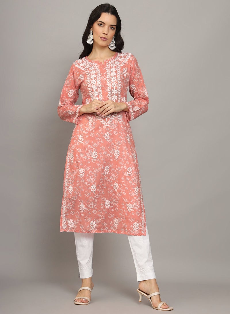 Alaya Women Hand Embroidered Chikankari Mulmul Cotton Printed Kurta-AL4041  - Image 4