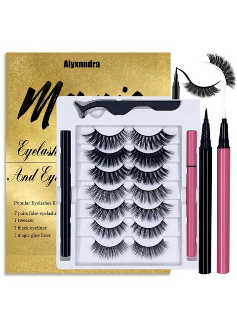 Magic False Eyelashes With Eyeliner Kit,Natural Look False Eyelash Non Magnetic Lashes With 2 In 1 Eyeliner（Black+Clear）