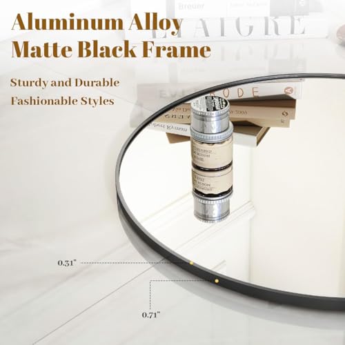 VooBang Black Round Bathroom Mirror, 24 inch Circle Wall Mounted Hanging Mirror with Simple Modern Circular Metal Frame for Hallway, Entryway, Living Room, Black Frame - Image 2