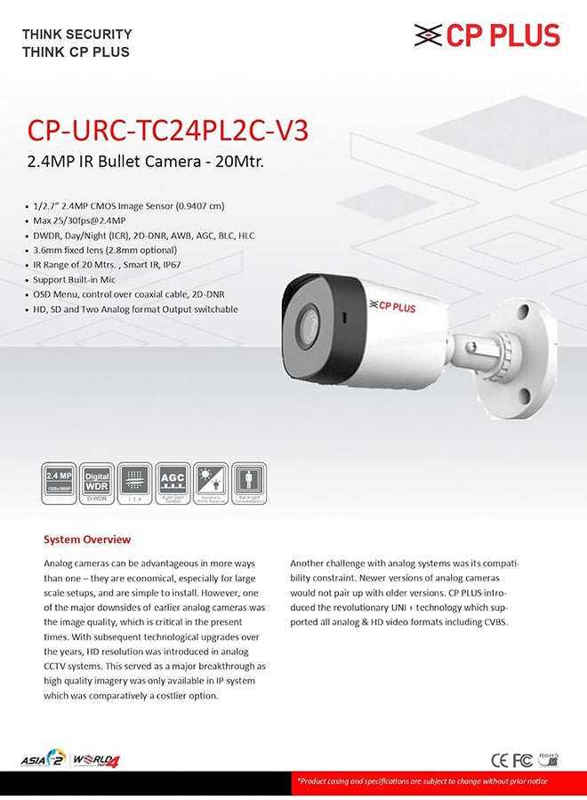 CP PLUS كاميرا تجديد - كاميرا IR Bullet بدقة 2.4MP CP-URC-TC24PL2C-V3 مع دعم ميكروفون مدمج | تسجيل بدقة 1080P Full HD | أقصى 30fps | نطاق إضاءة يصل إلى 20 متر، IP67 – CP-URC-TC24PL2C دعم ميكروفون مدمج - Image 2