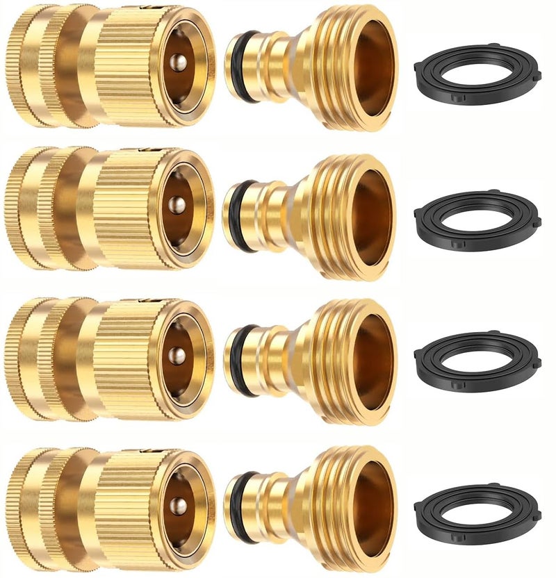 Kesfitt Garden Hose Quick Connect 3/4 Inch GHT Solid Brass Hose Connector Adapter Kit Fitting No-Leak Water Hose Female and Male Adapter (4 Sets) - Image 1