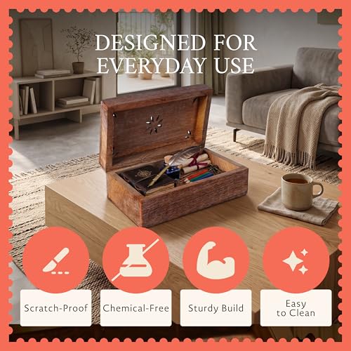 Mela Artisans 7.5” x 4.5” x 3” Mango Wood Box with Lid – Serena Light Burnt – Handcrafted Keepsake Box – Medium Storage for Jewelry & Home Décor Accents - Image 3