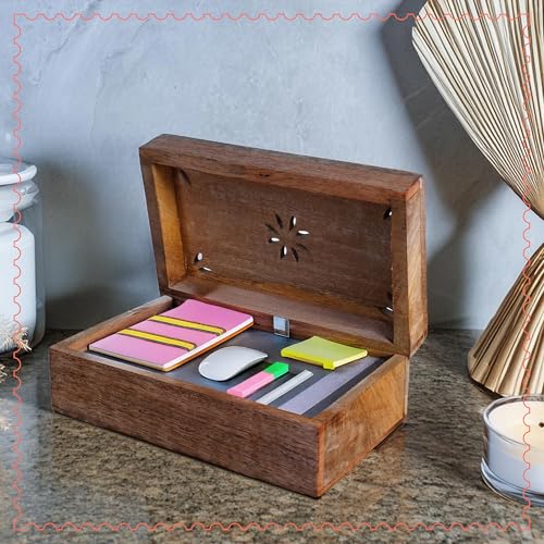 Mela Artisans 7.5” x 4.5” x 3” Mango Wood Box with Lid – Serena Light Burnt – Handcrafted Keepsake Box – Medium Storage for Jewelry & Home Décor Accents - Image 5
