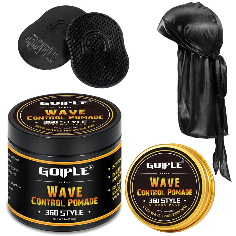 Goiple Natural Wave Pomade for Men Strong Hold, Easy Wash 360 Training Hair Cream, Grease Promotes Layered Waves, Moisture, Control and Silky Shine (with Travel Size) - Image 1