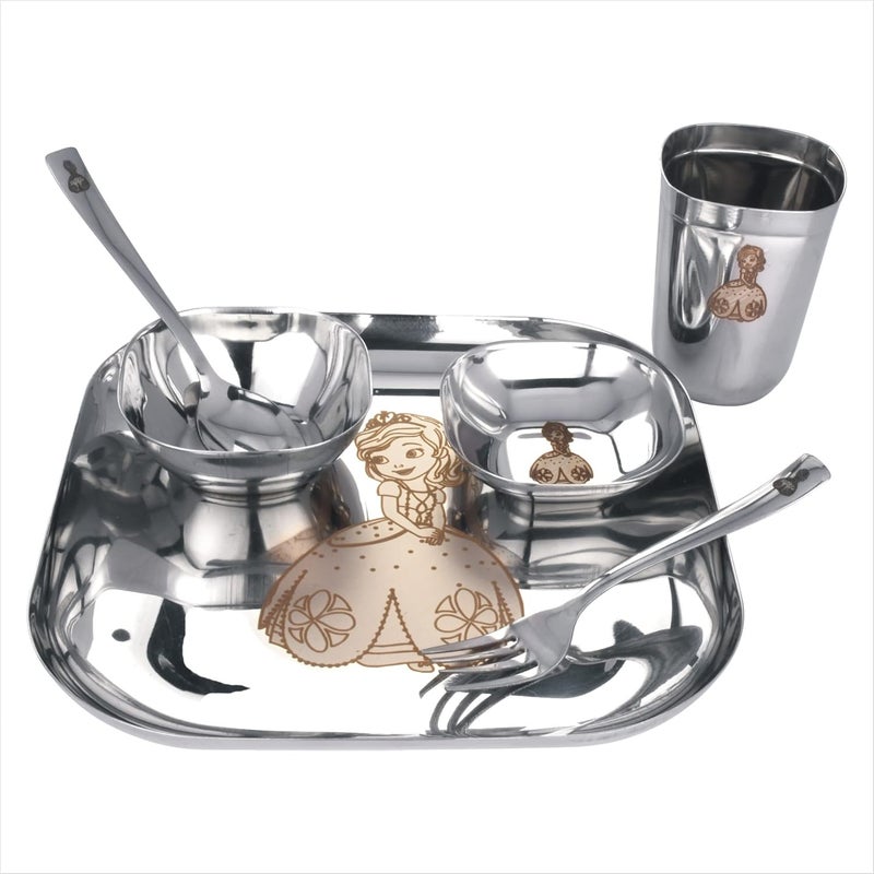 Va Sun Square Stainless Steel Baby Dinner Set 6 Piece Dinner Set Bowl Sweet Dish halwa Plate Glass Spoon Plate Kids Set Laser Printed for Girls - Image 1