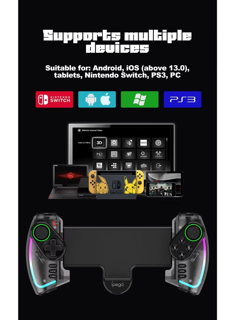 RGB Bluetooth Gamepad for Nintendo Switch, iPhone 15/14/13/12, Android, iOS, iPad, PC & PS3 – Wireless Stretchable Mechanical Controller with Linear Motor Vibration, Turbo, Auto-Fire, Wake Function, 6-Axis Gyroscope & 600mAh Battery