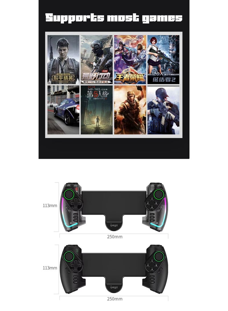 RGB Bluetooth Gamepad for Nintendo Switch, iPhone 15/14/13/12, Android, iOS, iPad, PC & PS3 – Wireless Stretchable Mechanical Controller with Linear Motor Vibration, Turbo, Auto-Fire, Wake Function, 6-Axis Gyroscope & 600mAh Battery