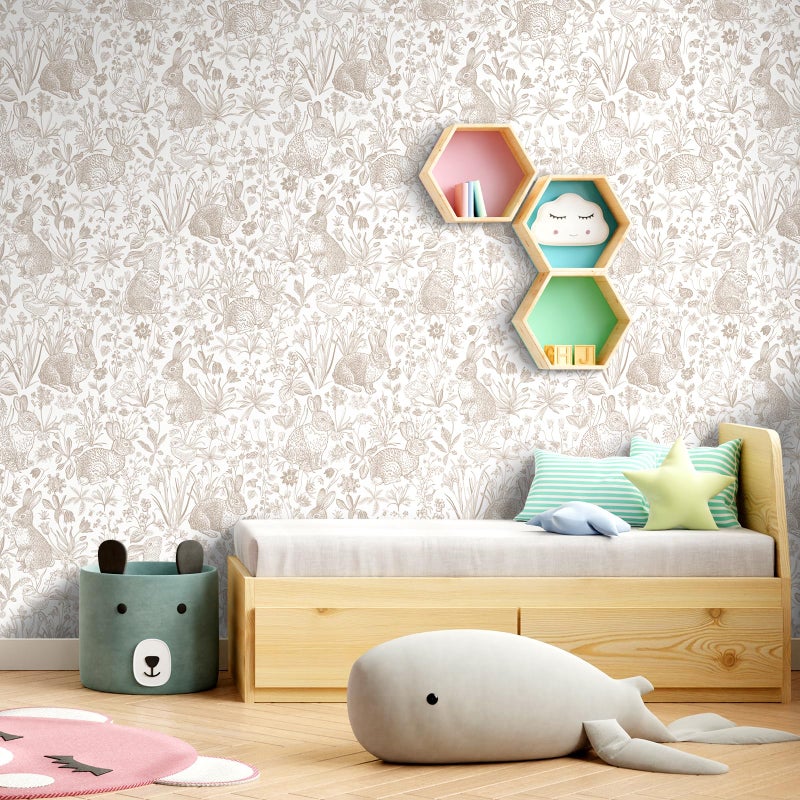 ReWallpaper Neutral Wallpaper Floral Contact Paper Peel and Stick for Cabinets Removable Cottage Core Wallpaper Vintage Rabbit Wall Paper Self Adhesive Vinyl for Walls Bedroom Living Room 17.5inÃ—10ft - Image 3