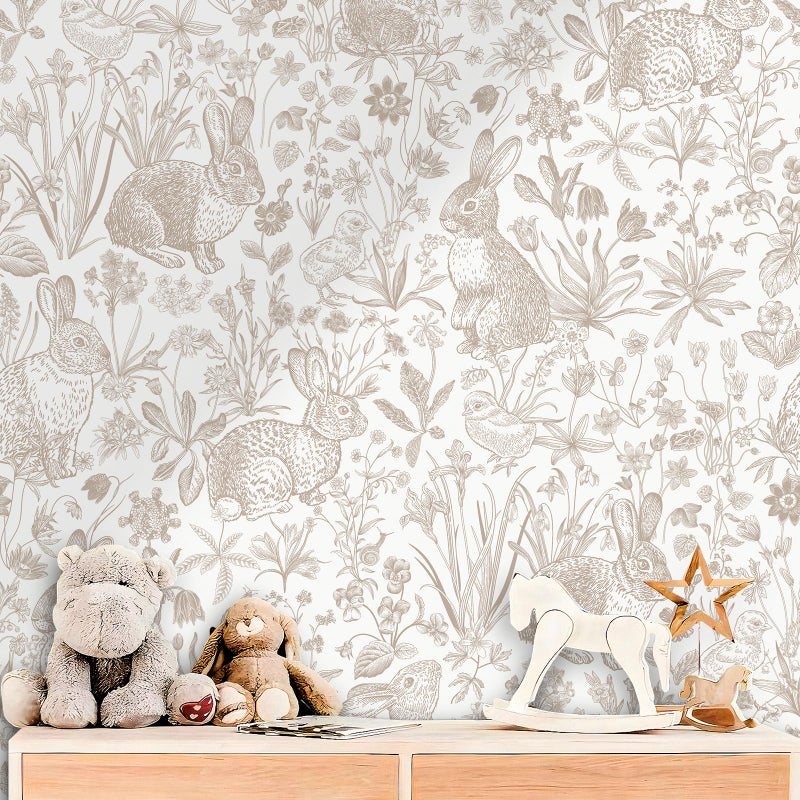 ReWallpaper Neutral Wallpaper Floral Contact Paper Peel and Stick for Cabinets Removable Cottage Core Wallpaper Vintage Rabbit Wall Paper Self Adhesive Vinyl for Walls Bedroom Living Room 17.5inÃ—10ft - Image 1