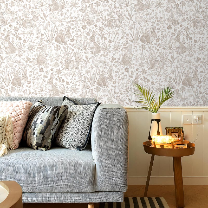 ReWallpaper Neutral Wallpaper Floral Contact Paper Peel and Stick for Cabinets Removable Cottage Core Wallpaper Vintage Rabbit Wall Paper Self Adhesive Vinyl for Walls Bedroom Living Room 17.5inÃ—10ft - Image 5