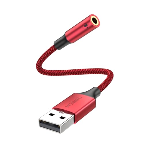 MOSWAG USB to 3.5mm Jack Audio Adapter, USB to Aux Cable with TRRS 4-Pole Mic-Supported Headphone AUX Adapter External Sound Card for Laptop PC PS4 PS5 and More (0.65Feet/20cm, Red) - Image 1