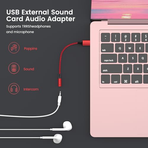 MOSWAG USB to 3.5mm Jack Audio Adapter, USB to Aux Cable with TRRS 4-Pole Mic-Supported Headphone AUX Adapter External Sound Card for Laptop PC PS4 PS5 and More (0.65Feet/20cm, Red) - Image 3