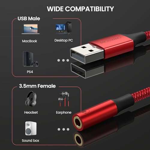 MOSWAG USB to 3.5mm Jack Audio Adapter, USB to Aux Cable with TRRS 4-Pole Mic-Supported Headphone AUX Adapter External Sound Card for Laptop PC PS4 PS5 and More (0.65Feet/20cm, Red) - Image 2