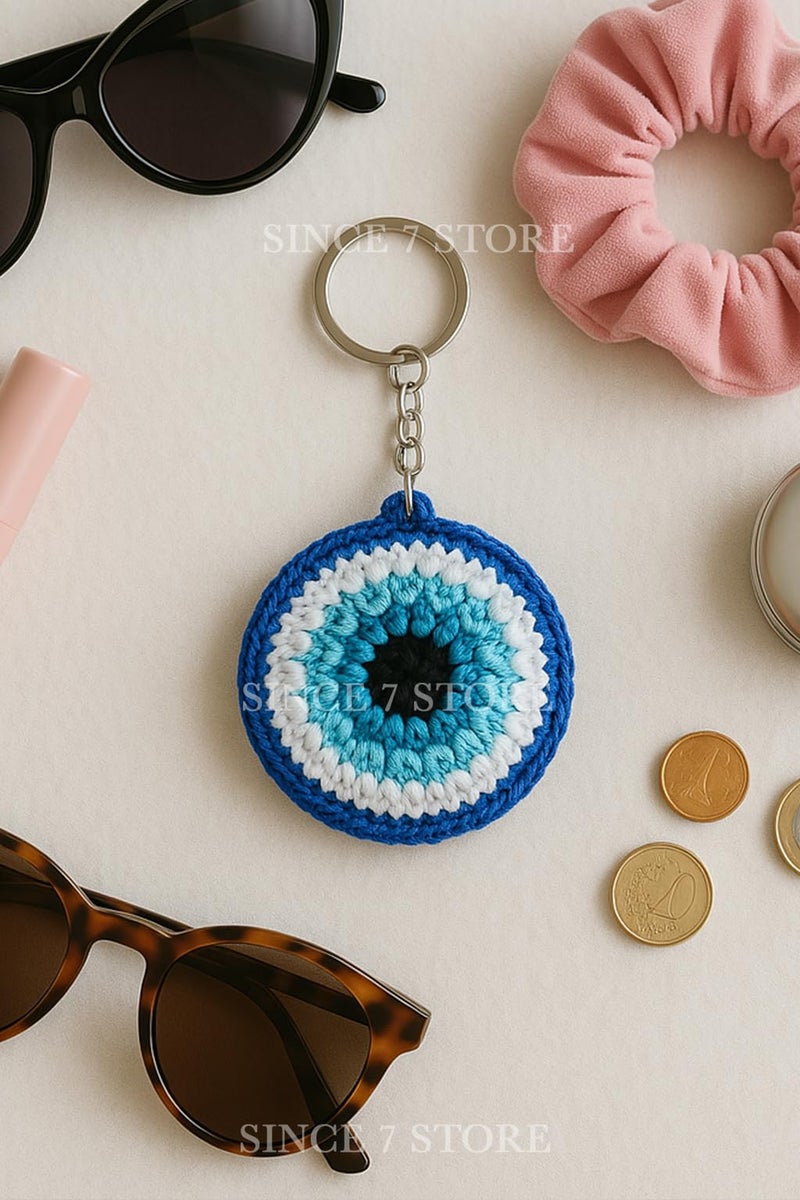 SINCE 7 STORE Handmade Evil Eye Crochet Keychain – Protective Bag Charm, Cute Aesthetic Accessory, Decorative Key Ring for Girls & Women, Gift for Her - Image 3