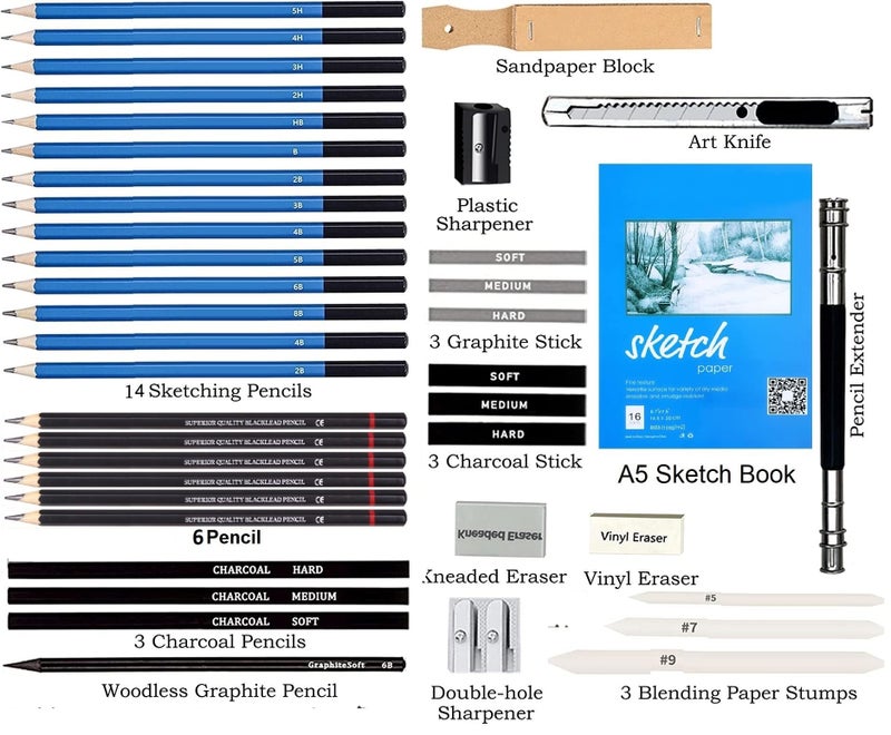Corslet 41 Piece Drawing Pencils with Sketch Book 16 Pages 6 HB Sketch Pencils Professional Drawing Kit in Zipper Case, Sketching Art Set with Graphite Charcoal Sticks Tool for Adults Kids All in Case - Image 2