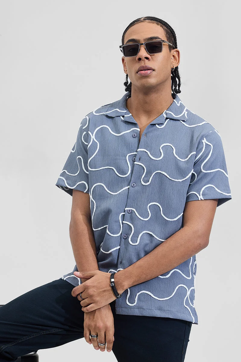 SNITCH Steel Blue Abstract Half Sleeve Boxy Shirt
