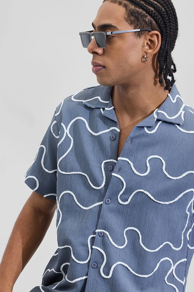 سنيتش Steel Blue Abstract Half Sleeve Boxy Shirt