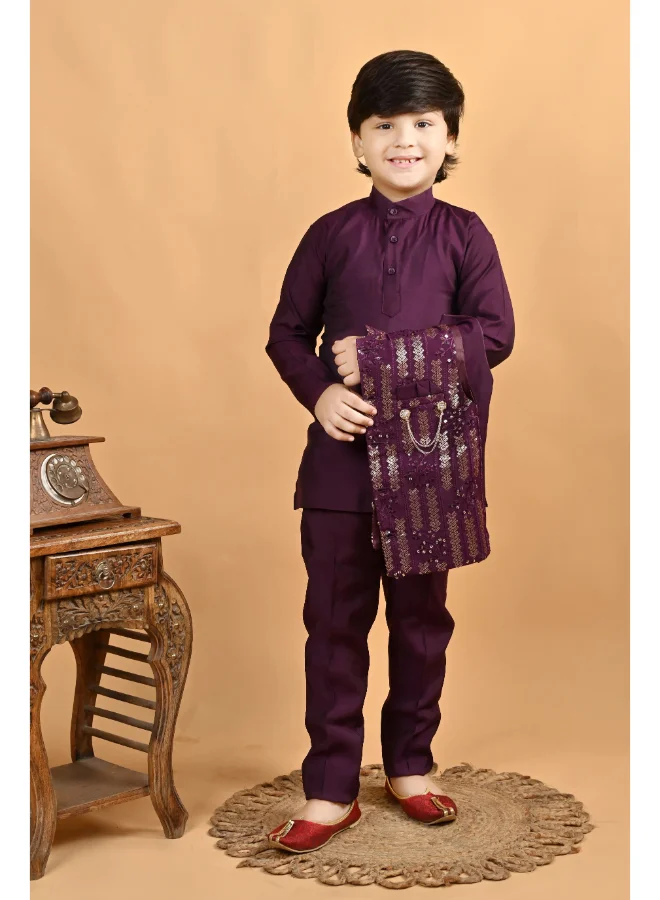 BT DEZINES Boys Purple Cotton Embroidered Kurta Pyjama Set