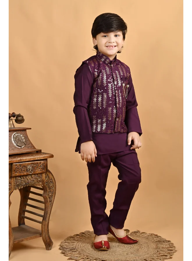 BT DEZINES Boys Purple Cotton Embroidered Kurta Pyjama Set