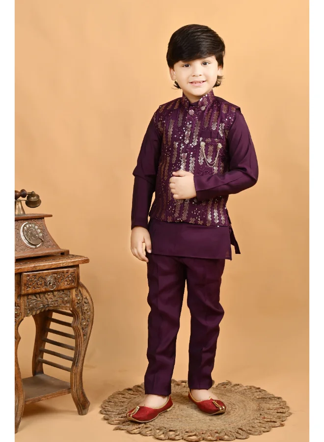 BT DEZINES Boys Purple Cotton Embroidered Kurta Pyjama Set