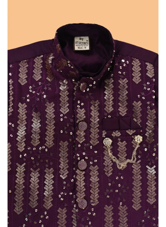 BT DEZINES Boys Purple Cotton Embroidered Kurta Pyjama Set