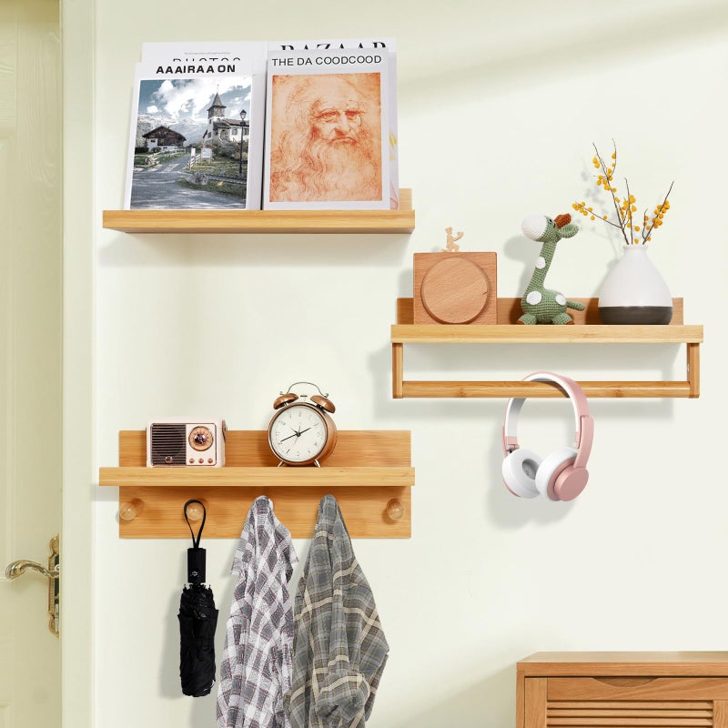 Ollieroo Set of Four Floating Book Shelves for Wall, Nursery Book Shelf for Kids Room, Bamboo Wood Hanging Bookshelf for Baby Teen Boys Girls, Wall Mounted Shelves for Bedroom Bathroom Decor(Natural) - Image 4