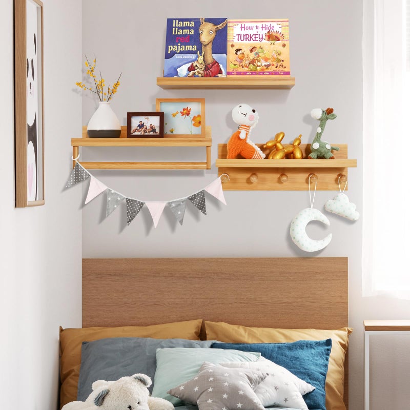 Ollieroo Set of Four Floating Book Shelves for Wall, Nursery Book Shelf for Kids Room, Bamboo Wood Hanging Bookshelf for Baby Teen Boys Girls, Wall Mounted Shelves for Bedroom Bathroom Decor(Natural) - Image 3