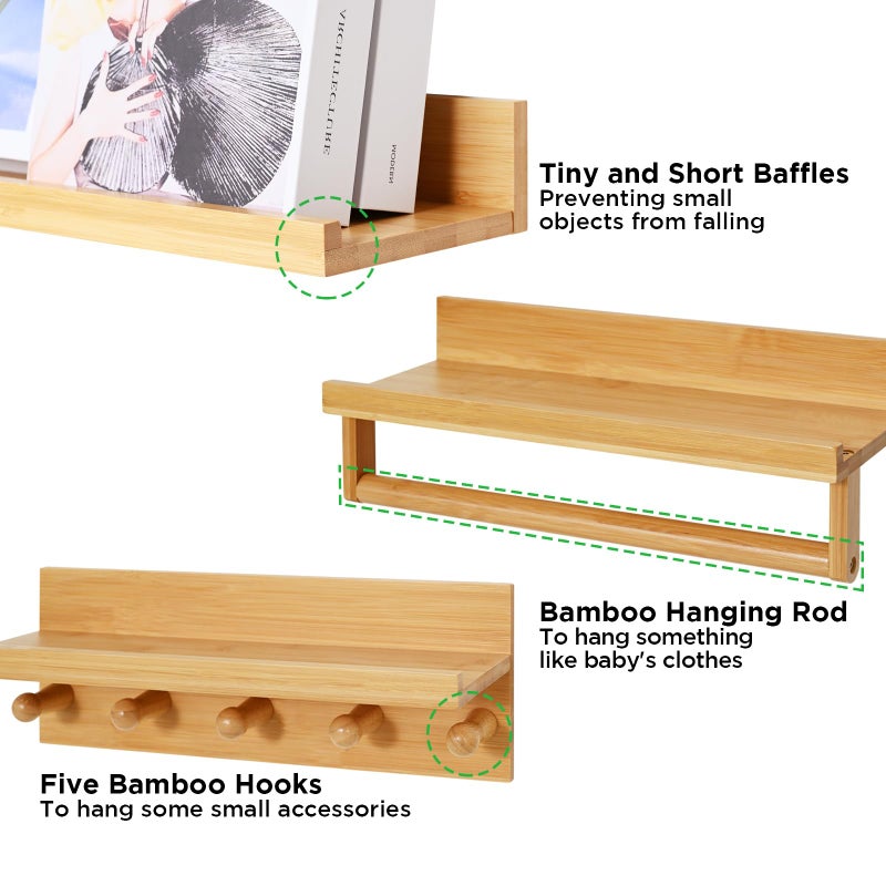 Ollieroo Set of Four Floating Book Shelves for Wall, Nursery Book Shelf for Kids Room, Bamboo Wood Hanging Bookshelf for Baby Teen Boys Girls, Wall Mounted Shelves for Bedroom Bathroom Decor(Natural) - Image 2