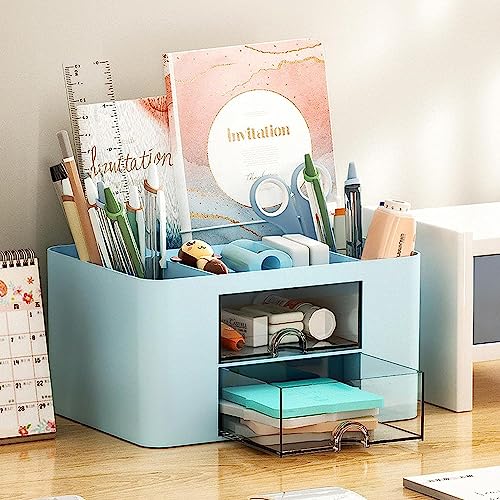 HOME CUBE Plastic Desk Organizer With Drawer Desktop Office Stationery Storage Box Desk Accessories Mobile Holder Table Organiser Study Table Office Table Desk Organizer (Blue) - Image 1