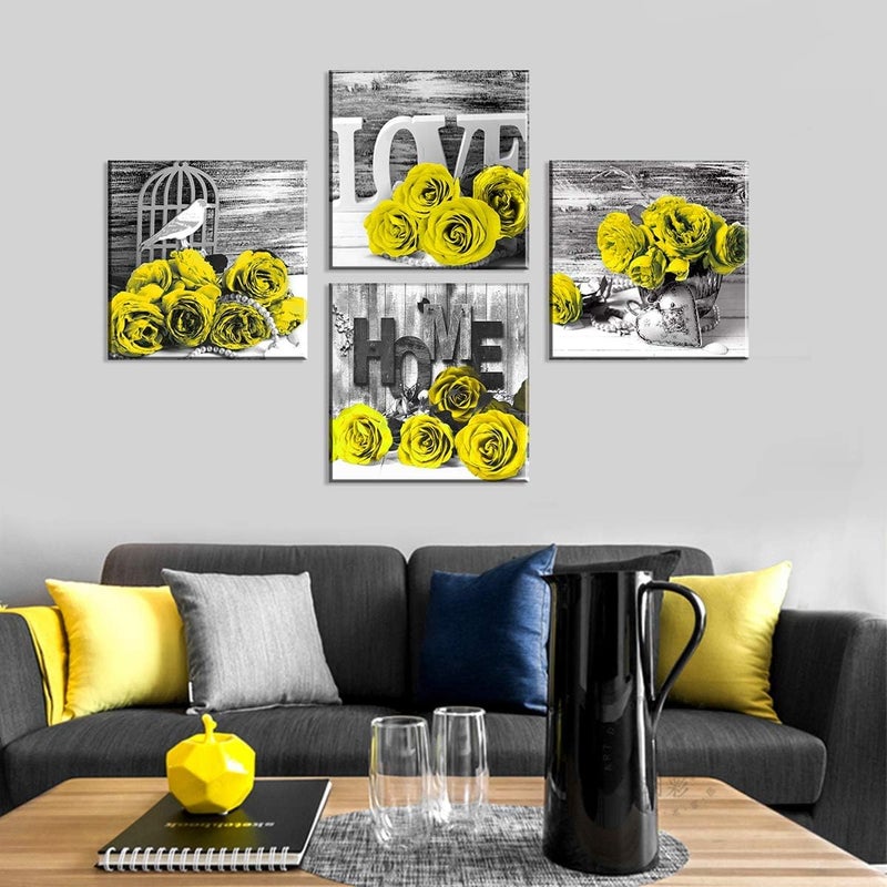 YOOOAHU Yellow Rose Wall Decor for Bathroom Floral Walls Art Black and White Flower Bedroom Canvas Prints Still life Wooden Texture Pictures Home Decoration Modern Framed Poster Artwork 12x12 Inch 4 Pcs/Set - Image 5