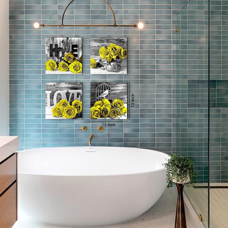 YOOOAHU Yellow Rose Wall Decor for Bathroom Floral Walls Art Black and White Flower Bedroom Canvas Prints Still life Wooden Texture Pictures Home Decoration Modern Framed Poster Artwork 12x12 Inch 4 Pcs/Set - Image 4