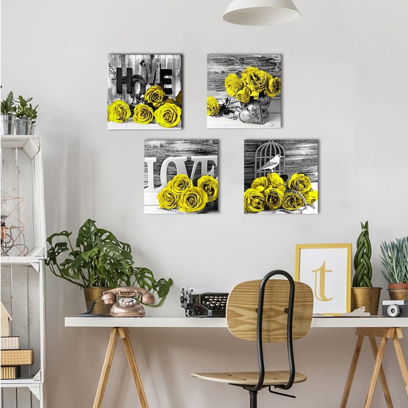 YOOOAHU Yellow Rose Wall Decor for Bathroom Floral Walls Art Black and White Flower Bedroom Canvas Prints Still life Wooden Texture Pictures Home Decoration Modern Framed Poster Artwork 12x12 Inch 4 Pcs/Set - Image 2
