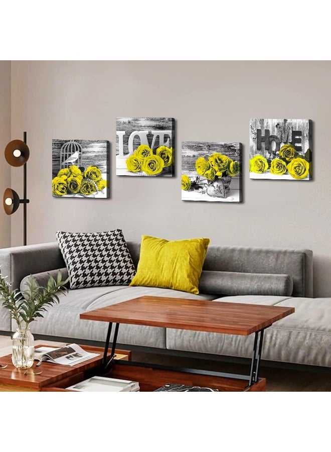 YOOOAHU Yellow Rose Wall Decor for Bathroom Floral Walls Art Black and White Flower Bedroom Canvas Prints Still life Wooden Texture Pictures Home Decoration Modern Framed Poster Artwork 12x12 Inch 4 Pcs/Set - Image 3