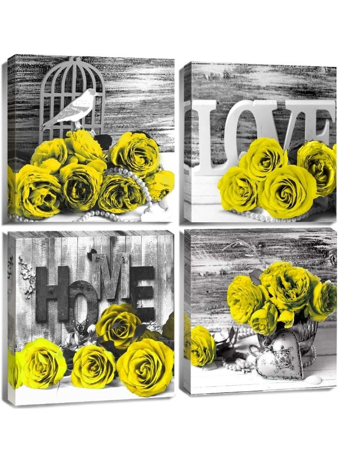 YOOOAHU Yellow Rose Wall Decor for Bathroom Floral Walls Art Black and White Flower Bedroom Canvas Prints Still life Wooden Texture Pictures Home Decoration Modern Framed Poster Artwork 12x12 Inch 4 Pcs/Set - Image 1