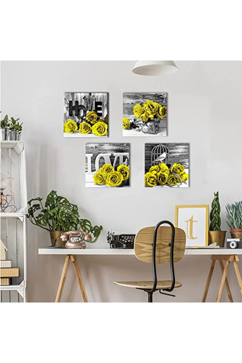 YOOOAHU Yellow Rose Wall Decor for Bathroom Floral Walls Art Black and White Flower Bedroom Canvas Prints Still life Wooden Texture Pictures Home Decoration Modern Framed Poster Artwork 12x12 Inch 4 Pcs/Set - Image 2