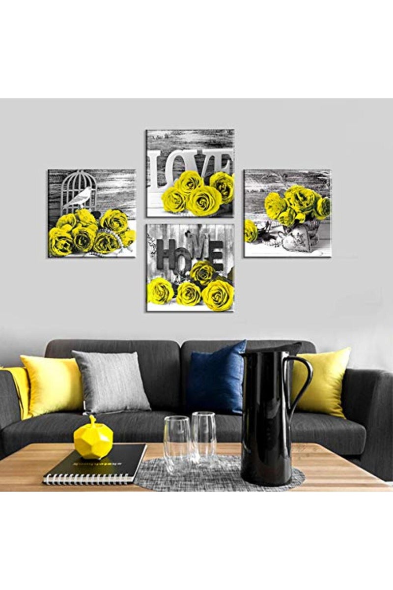 YOOOAHU Yellow Rose Wall Decor for Bathroom Floral Walls Art Black and White Flower Bedroom Canvas Prints Still life Wooden Texture Pictures Home Decoration Modern Framed Poster Artwork 12x12 Inch 4 Pcs/Set - Image 5
