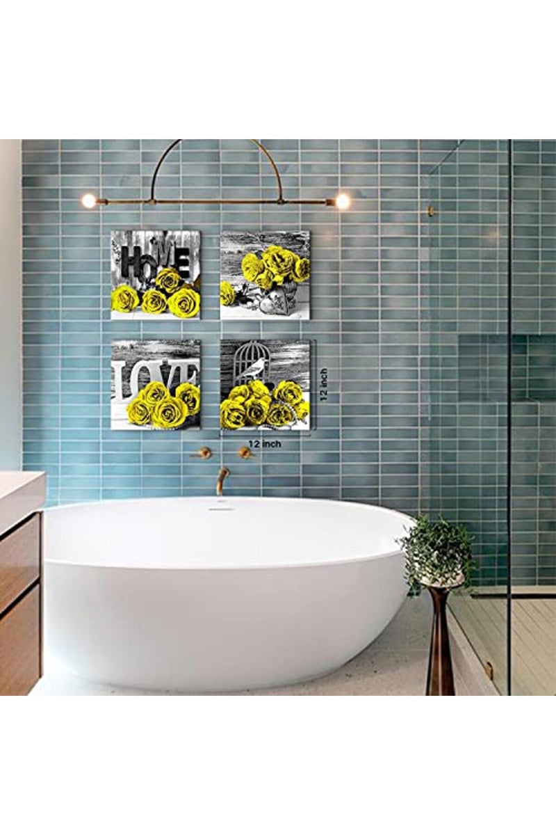 YOOOAHU Yellow Rose Wall Decor for Bathroom Floral Walls Art Black and White Flower Bedroom Canvas Prints Still life Wooden Texture Pictures Home Decoration Modern Framed Poster Artwork 12x12 Inch 4 Pcs/Set - Image 4