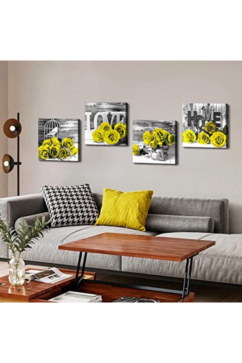 YOOOAHU Yellow Rose Wall Decor for Bathroom Floral Walls Art Black and White Flower Bedroom Canvas Prints Still life Wooden Texture Pictures Home Decoration Modern Framed Poster Artwork 12x12 Inch 4 Pcs/Set - Image 3