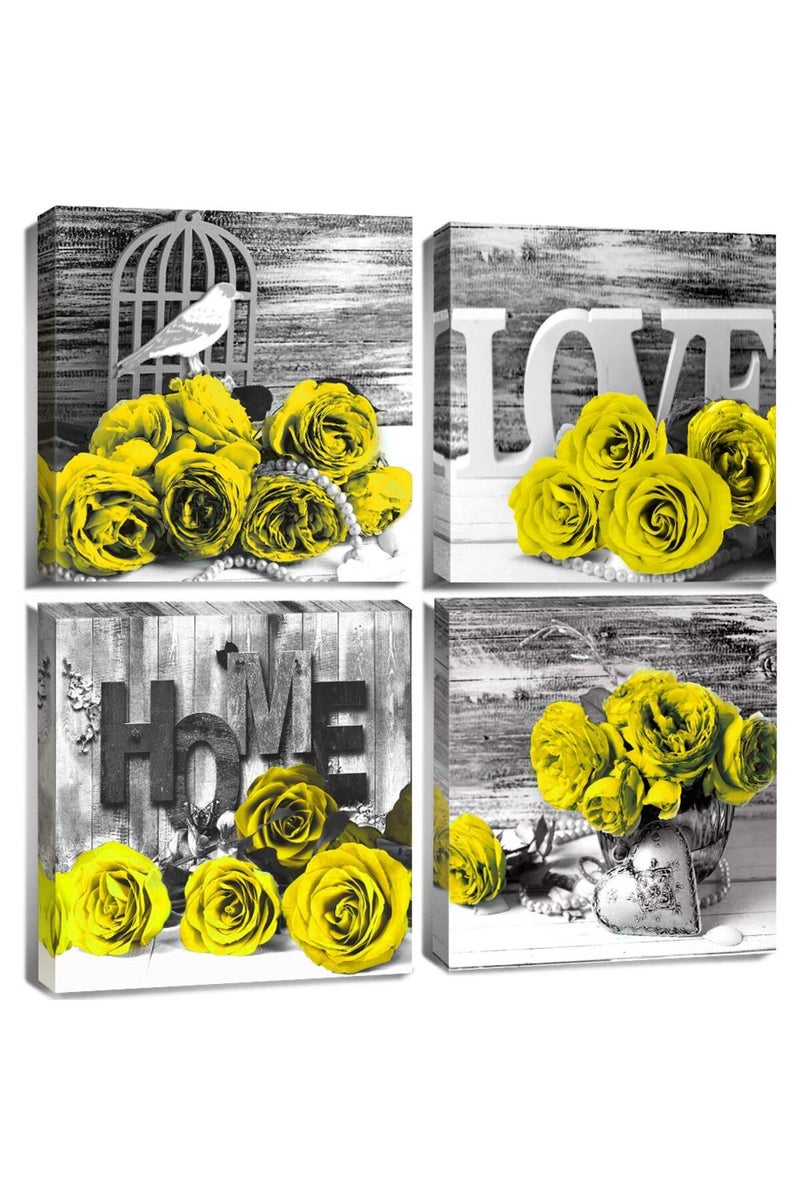 YOOOAHU Yellow Rose Wall Decor for Bathroom Floral Walls Art Black and White Flower Bedroom Canvas Prints Still life Wooden Texture Pictures Home Decoration Modern Framed Poster Artwork 12x12 Inch 4 Pcs/Set - Image 1