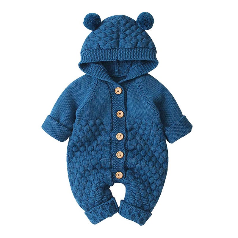 OBEEII Infant Baby Boy Girl Knitted Hoodie Bear Ear Hooded Jumpsuit Sweater Overalls Bodysuit Deep Blue 06 Months